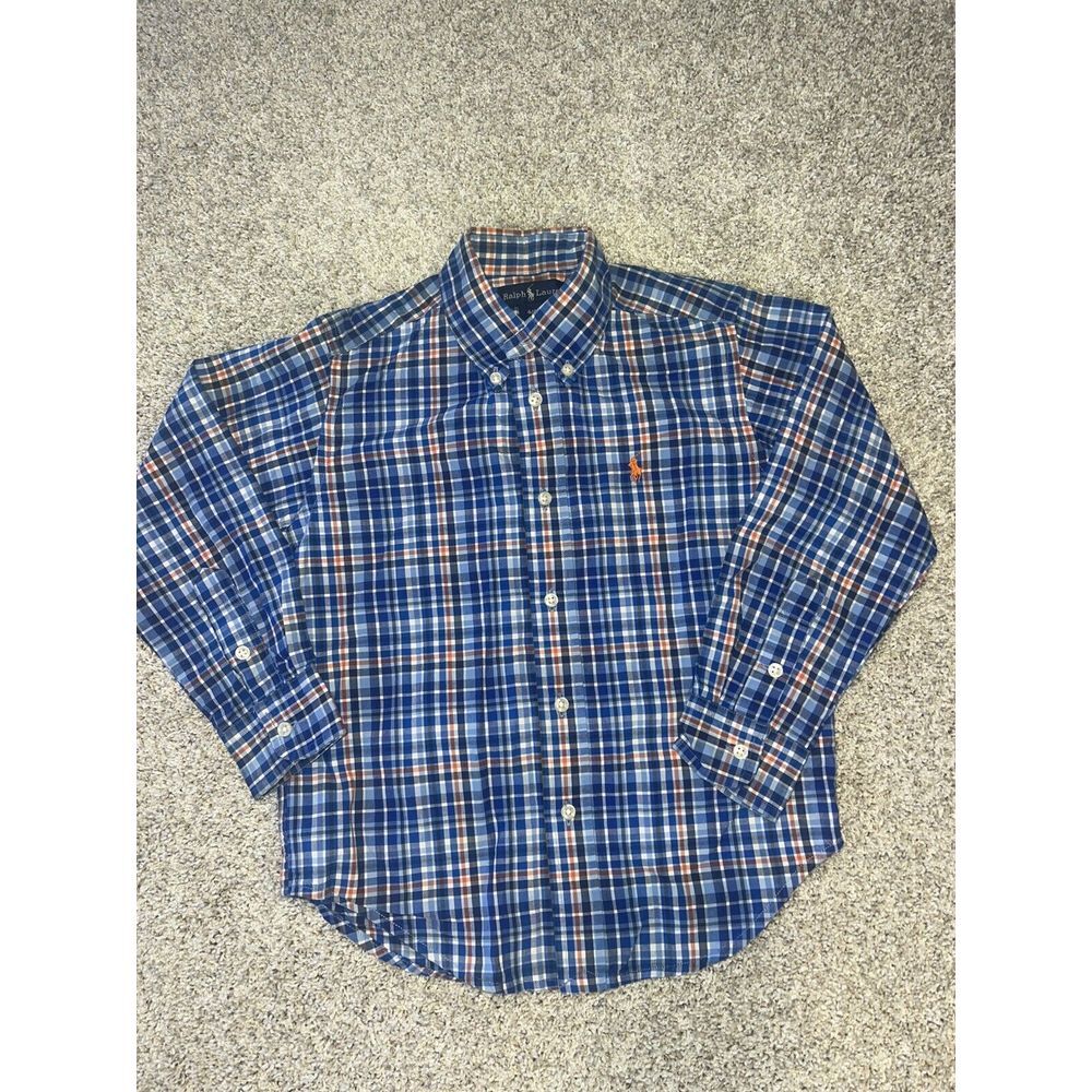Ralph Lauren Boys Button Down Plaid Blue Orange White Shirt‎ Sz 4/4T - Picture 2 of 7